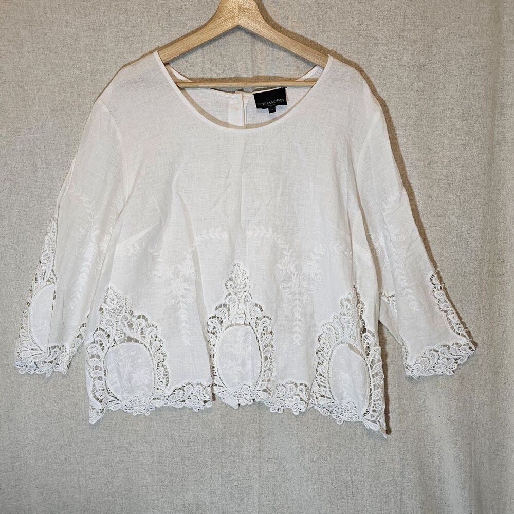 Beautiful Cynthia Rowley Tunic Top Embroidered Crochet Back Button Womens Sz 2X